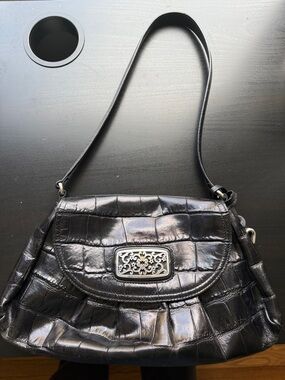 Brighton Black Croc-Embossed Shoulder Bag with Decorative Medallion
